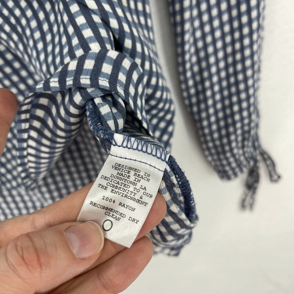 Flynn Skye Bobby Top Women XS Blue Plaid Off The Shoulder Crepe Blouse Shirt - Picture 10 of 11